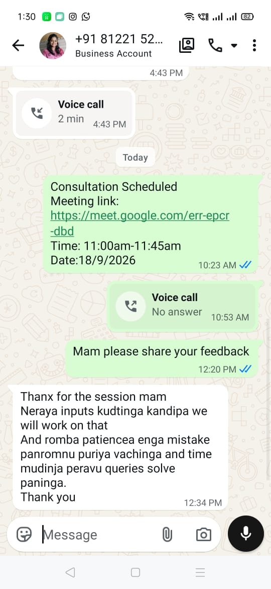 WhatsApp message from a 1:1 consultation client thanking Nandhini for the session