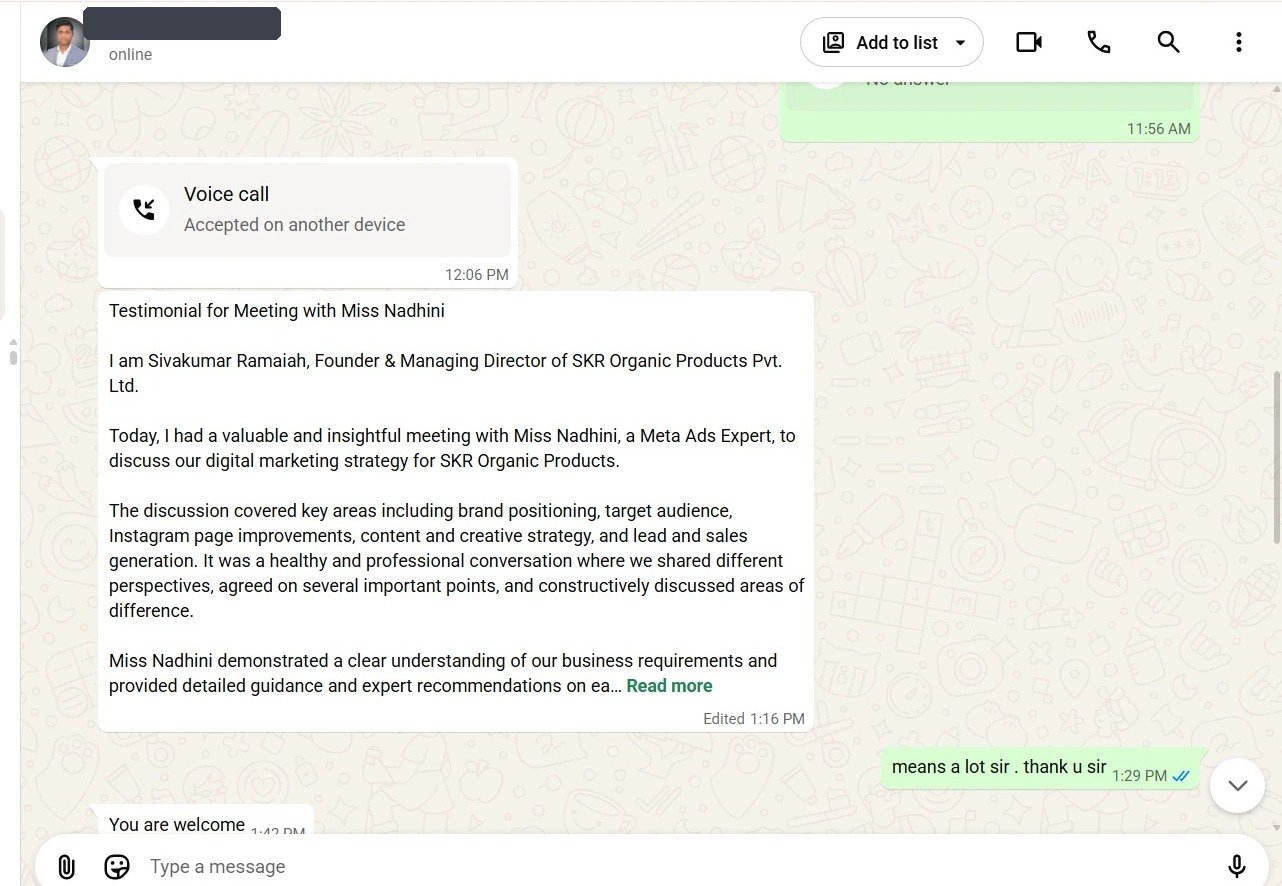 WhatsApp testimonial from Sivakumar Ramaiah praising his consultation with Nandhini, phone number redacted